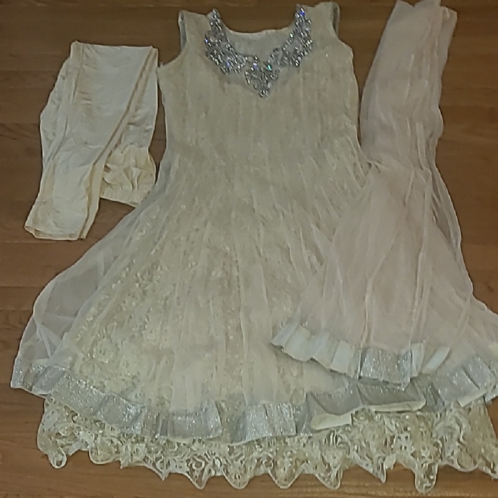 Embellished Ivory Lace Party Dress with Chiffon Dupatta Anarkali